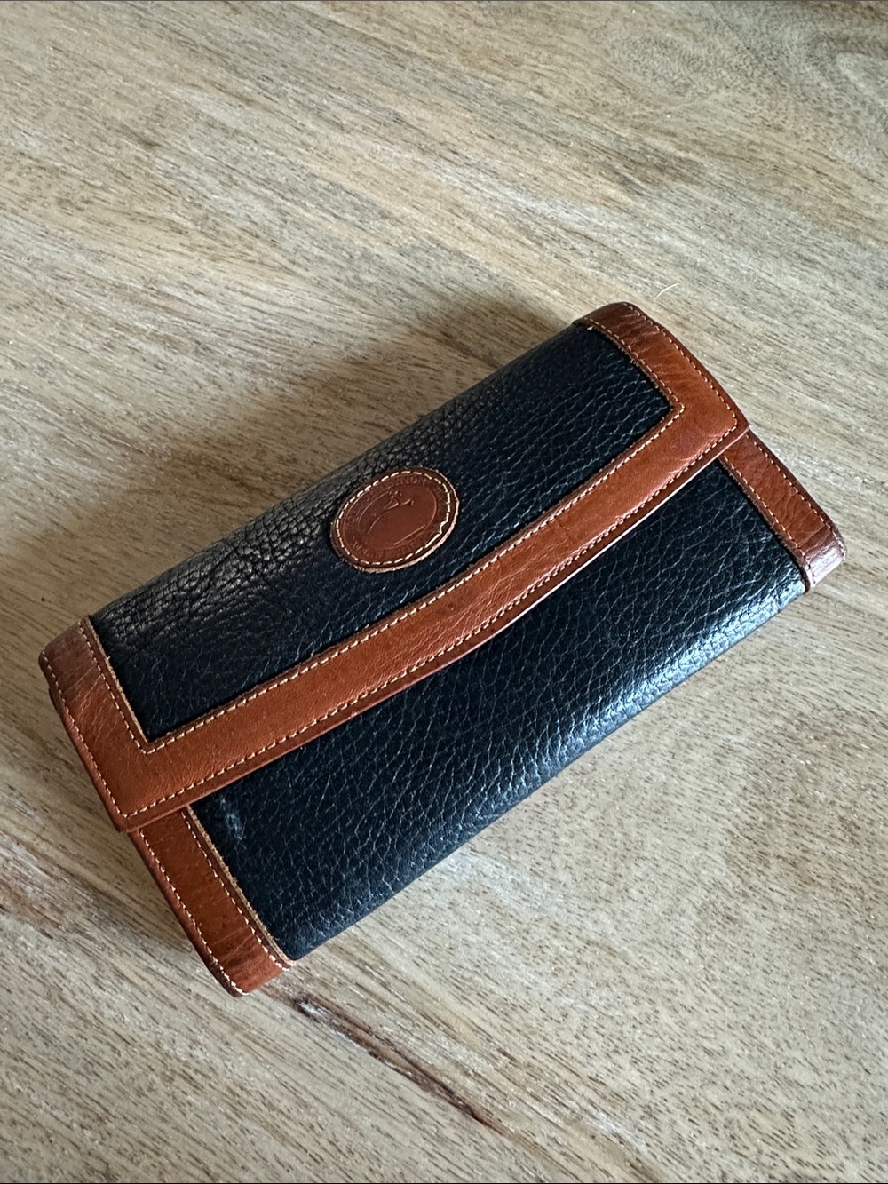 Dooney & Bourke Vintage 90s All Weather Green Tan Leather Checkbook Fold Wallet
